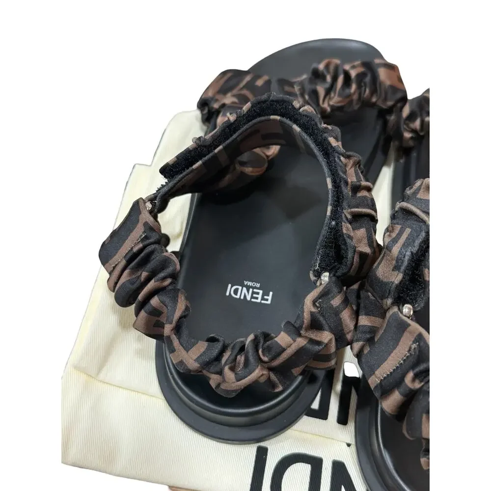 Fendi Feel FF Satin Ruched Dad Sandals EU 37 Brown Logo